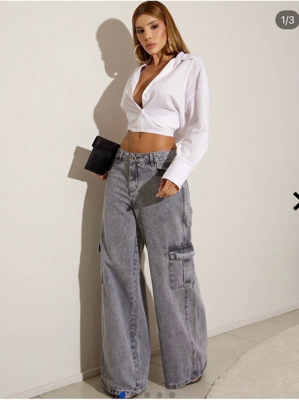 High-Rise Wide-Leg Cargo Jeans in Washed Gray